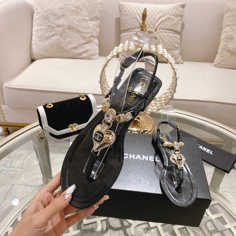 Ch*el lambskin metal diamanté & imitation pearls sandals black