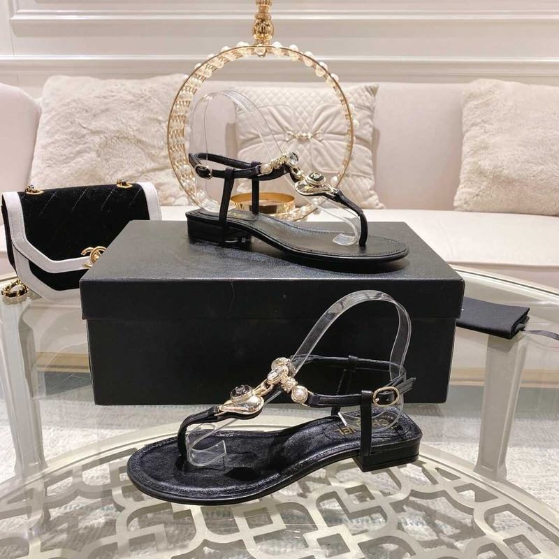 Ch*el lambskin metal diamanté & imitation pearls sandals black