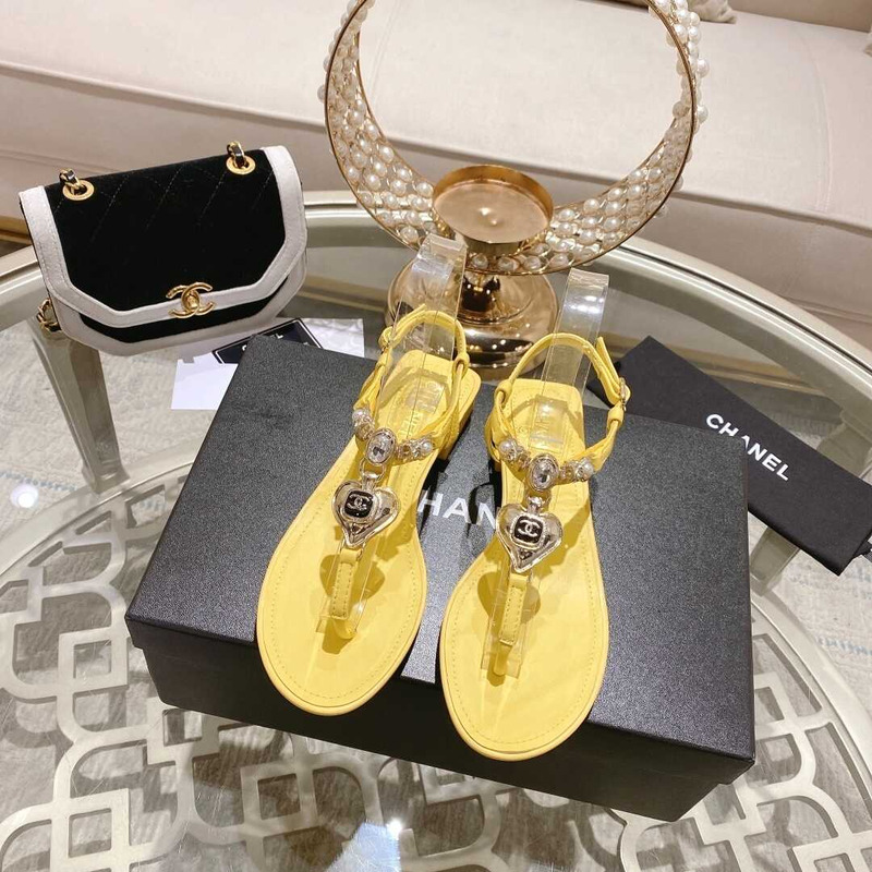 Ch*el lambskin metal diamanté & imitation pearls sandals yellow