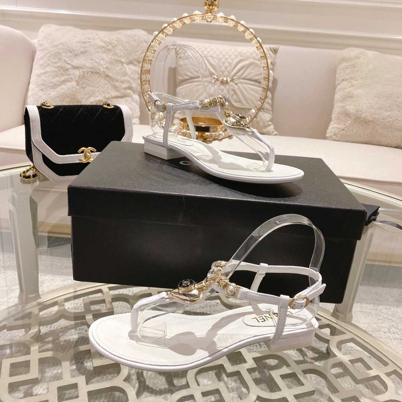 Ch*el lambskin metal diamanté & imitation pearls sandals white