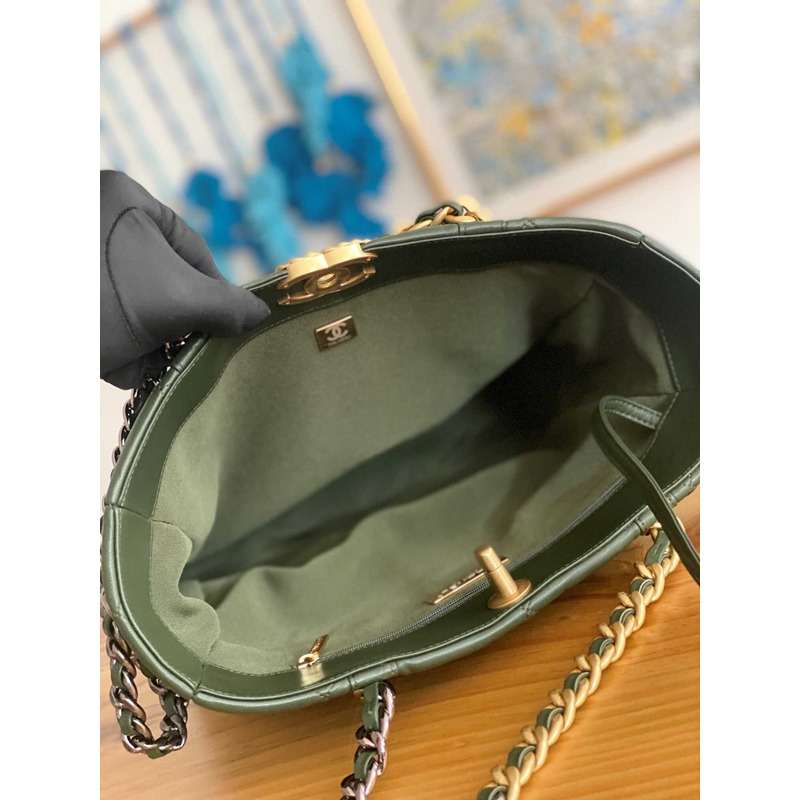 Ch*el handbag as3519 gold buckle shoulder bag dark green