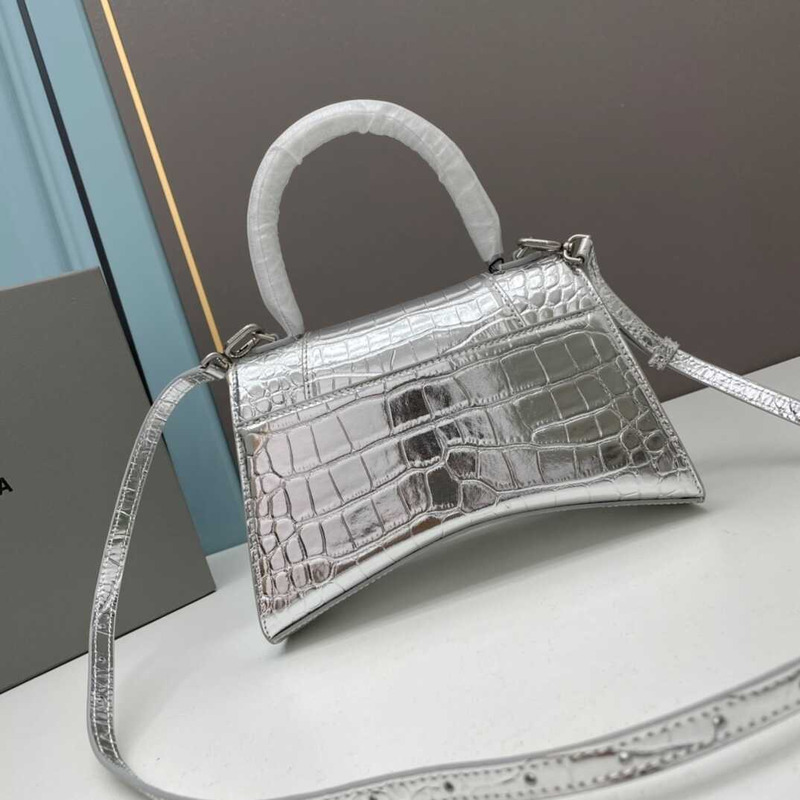 Ba*len*cia*ga sliver  croco embossed leather small hourglass handbag