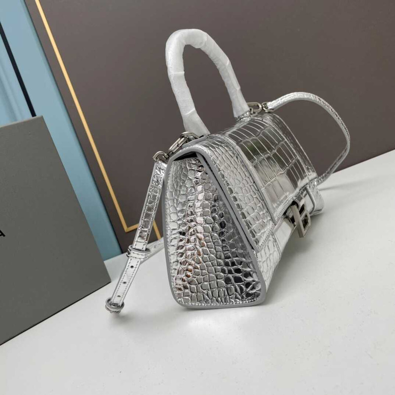 Ba*len*cia*ga sliver  croco embossed leather small hourglass handbag