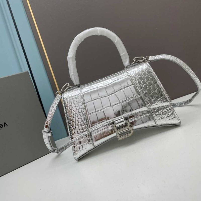 Ba*len*cia*ga sliver  croco embossed leather small hourglass handbag