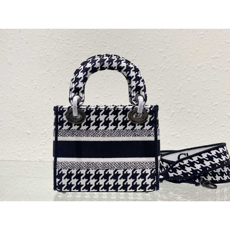 D*or mini lady d-lite bag black and white houndstooth embroidery