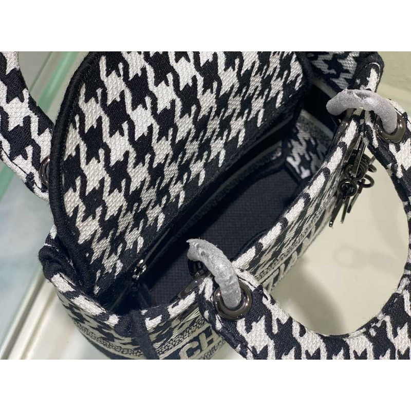 D*or mini lady d-lite bag black and white houndstooth embroidery