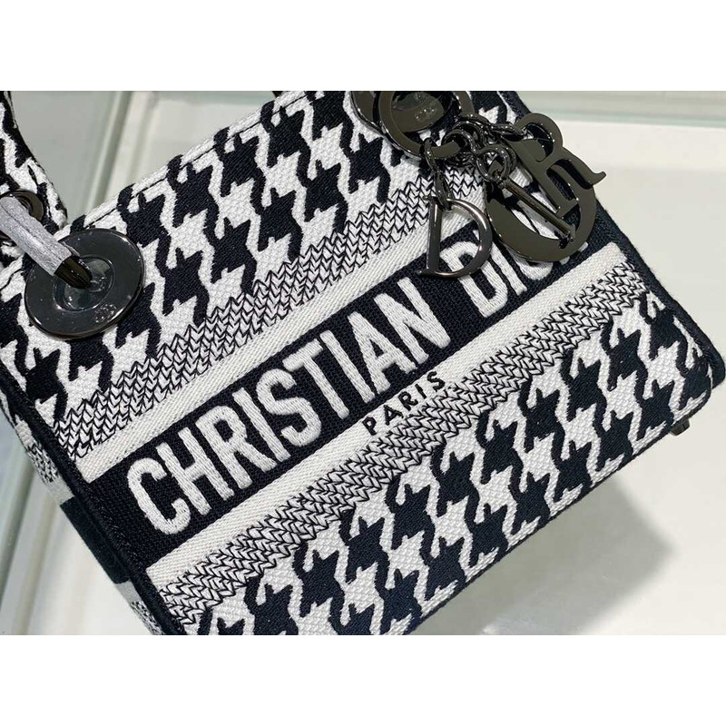 D*or mini lady d-lite bag black and white houndstooth embroidery