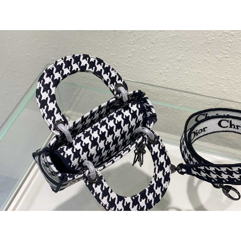 D*or mini lady d-lite bag black and white houndstooth embroidery