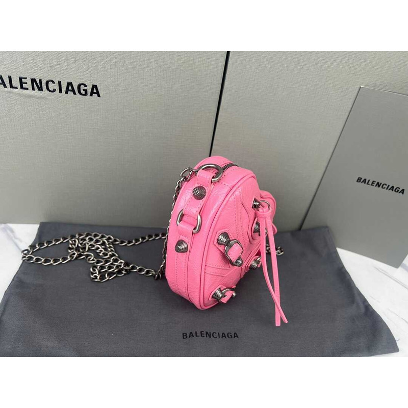 Ba*len*cia*ga le cagole mini heart studded crinkled leather shoulder bag pink