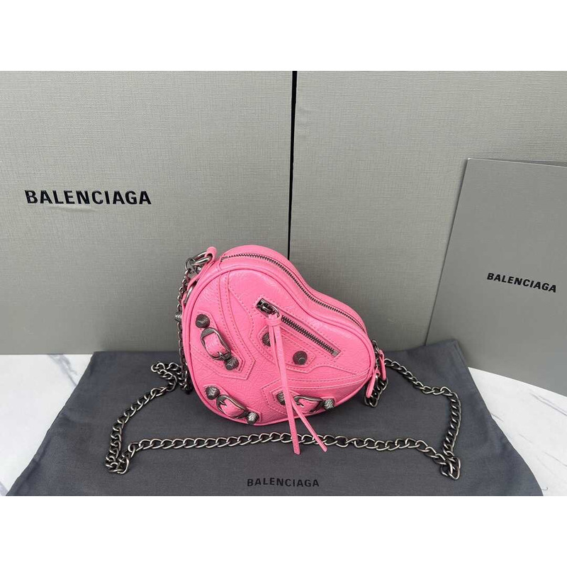 Ba*len*cia*ga le cagole mini heart studded crinkled leather shoulder bag pink