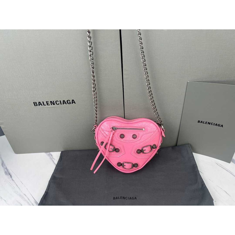 Ba*len*cia*ga le cagole mini heart studded crinkled leather shoulder bag pink