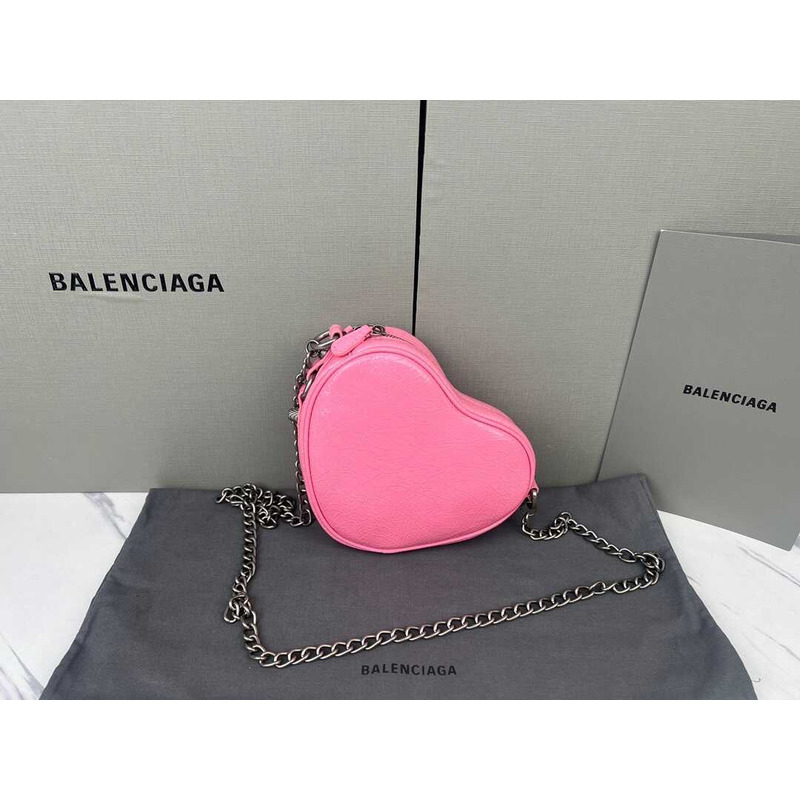 Ba*len*cia*ga le cagole mini heart studded crinkled leather shoulder bag pink