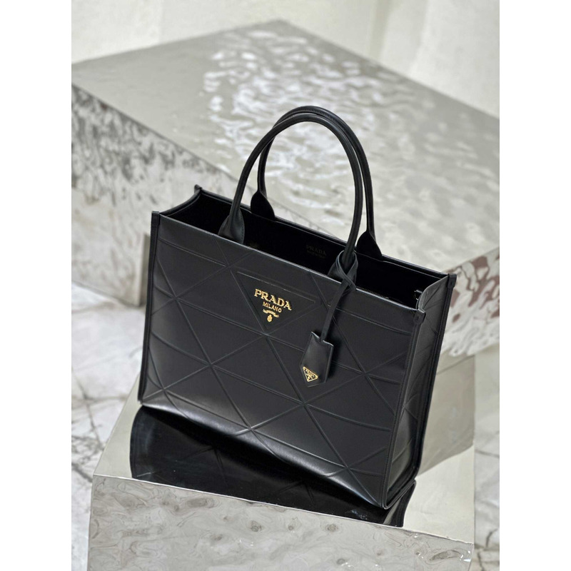 Pra*a large leather handbag with topstitching black