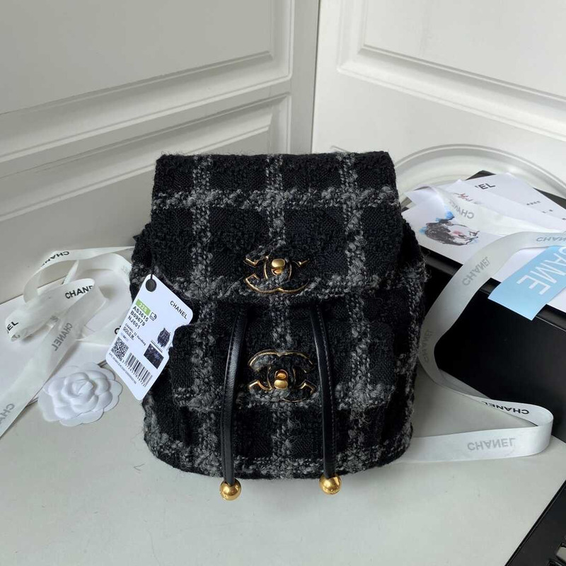 Ch*el wool tweed & gold-tone metal backpack black and gray