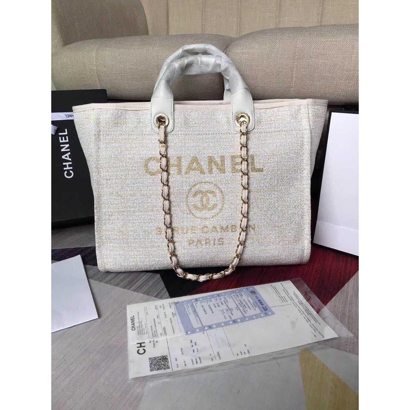 Ch*el deauville chain bag cream white women tweed tote