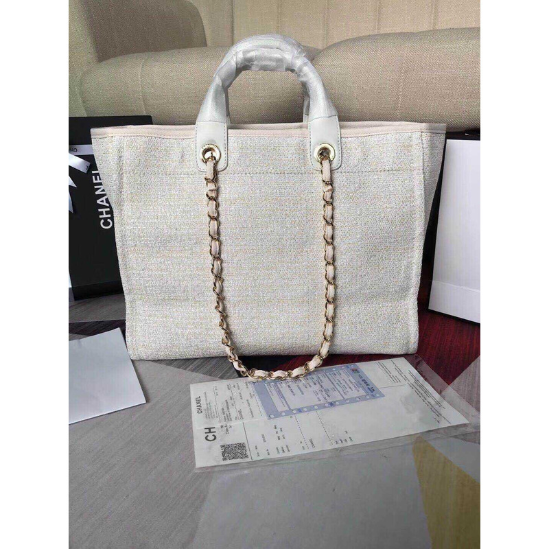 Ch*el deauville chain bag cream white women tweed tote