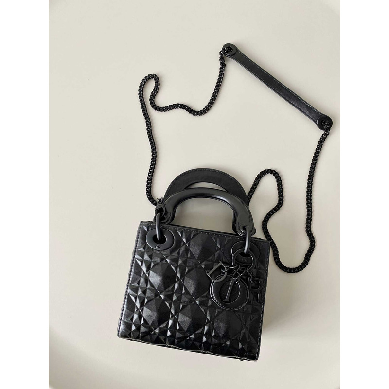 D*or  black leather diamond shaped cannage lady D*or bag