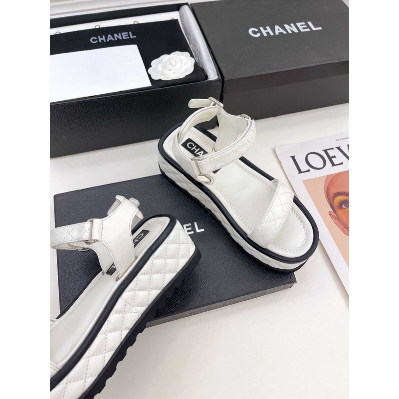 Ch*el black leather sandals in white