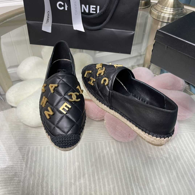 Ch*el logo quilted espadrilles black&gold