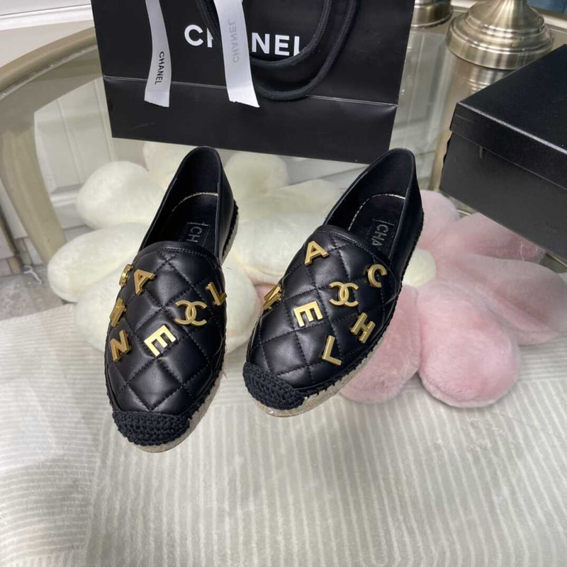 Ch*el logo quilted espadrilles black&gold