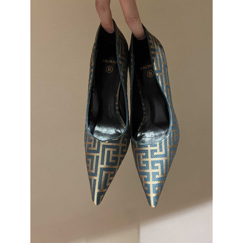 Balmain  Logo Monogram Pointed Toe Pumps Blue&Yellow