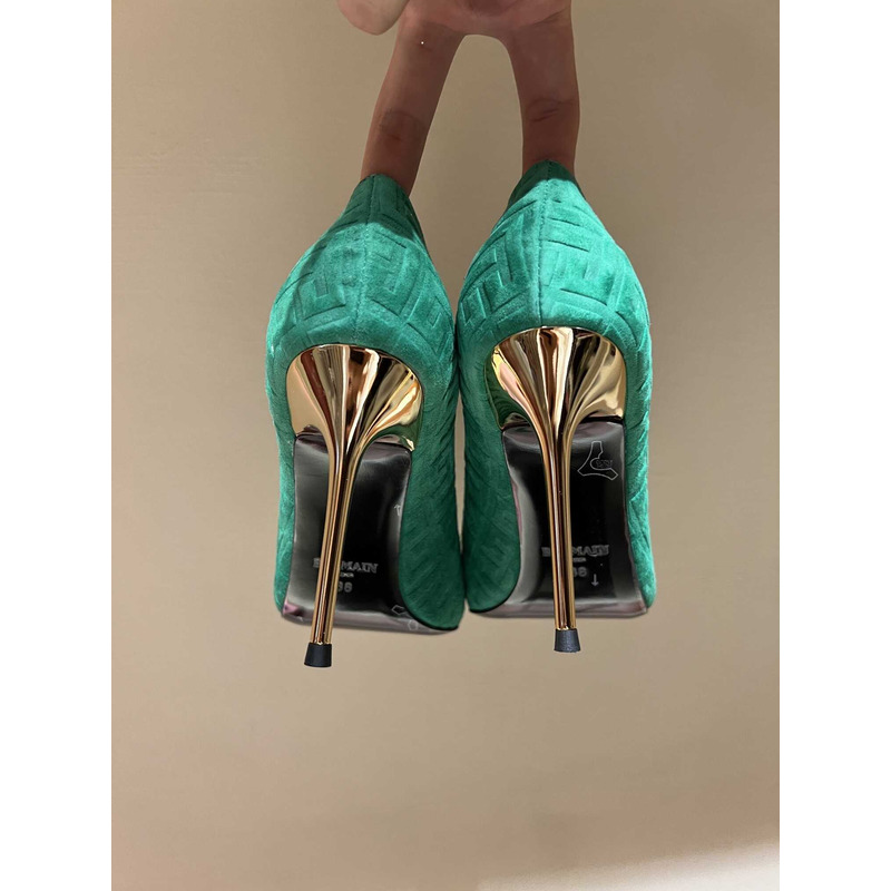 Balmain  Logo Monogram Pointed Toe Pumps Light Green