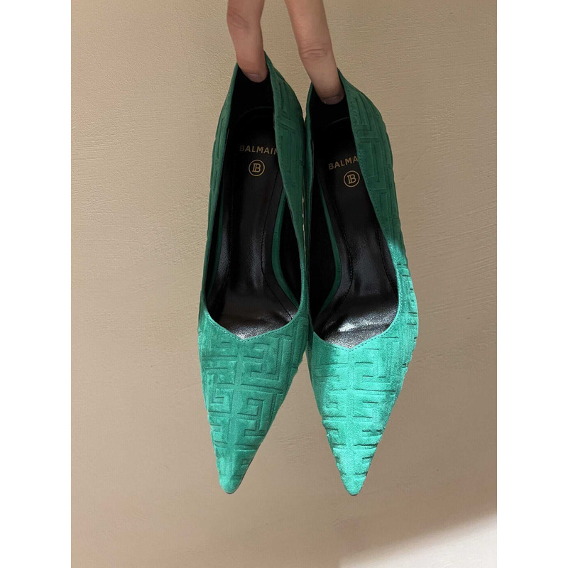 Balmain  Logo Monogram Pointed Toe Pumps Light Green