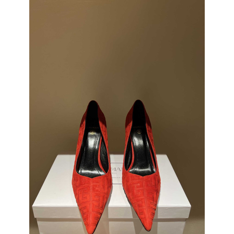 Balmain Logo Monogram Pointed Toe Pumps Red