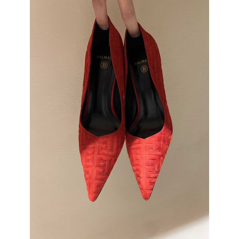 Balmain Logo Monogram Pointed Toe Pumps Red