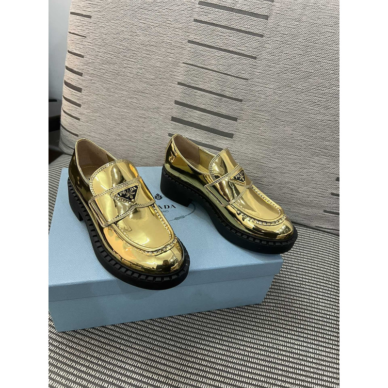 Pra*a triangle logo metallic loafers gold