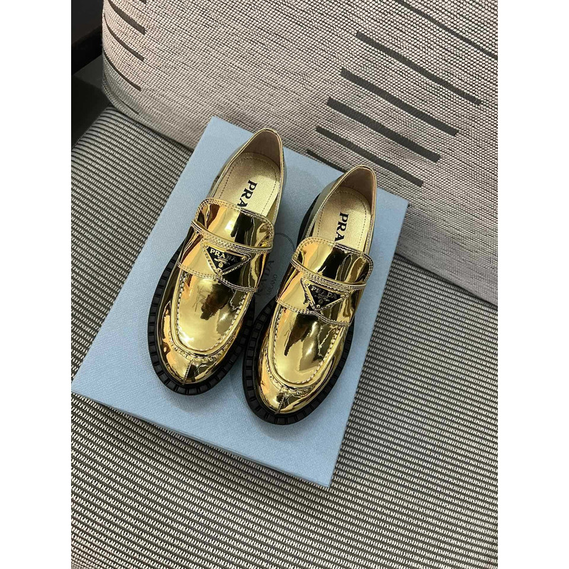 Pra*a triangle logo metallic loafers gold