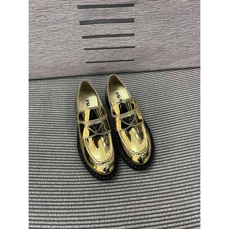 Pra*a triangle logo metallic loafers gold