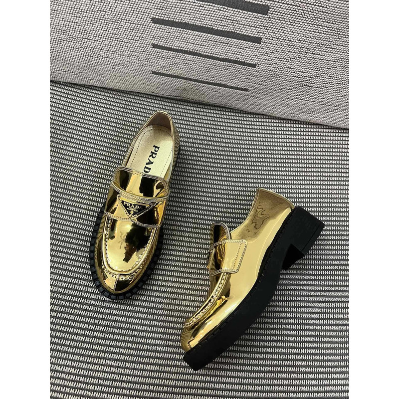 Pra*a triangle logo metallic loafers gold