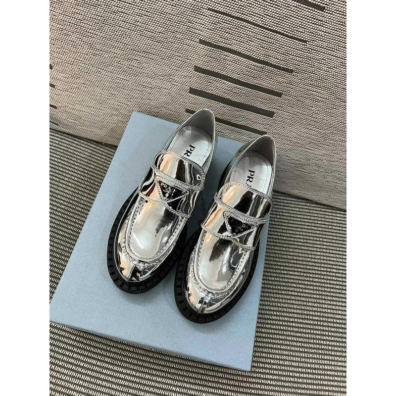 Pra*a triangle logo metallic loafers silver