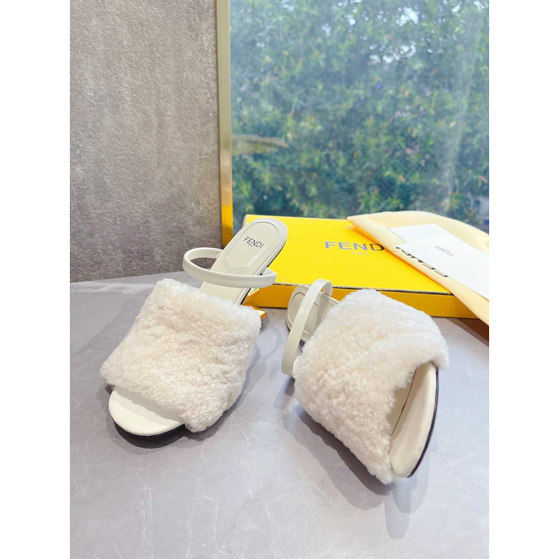 F**di white sheepskin heeled sandals white