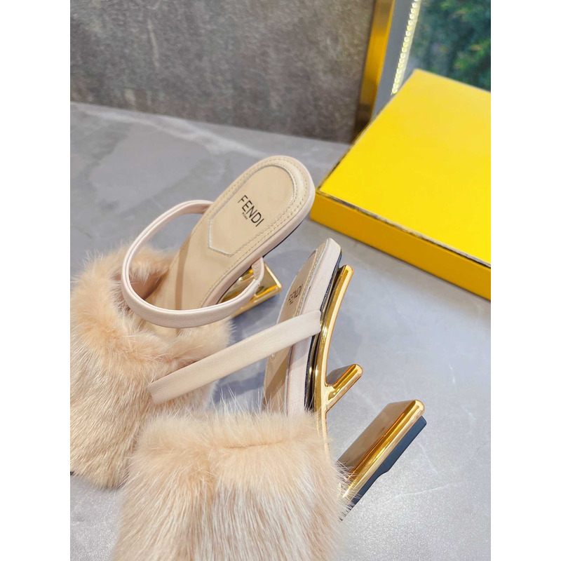 F**di beige sheepskin heeled sandals