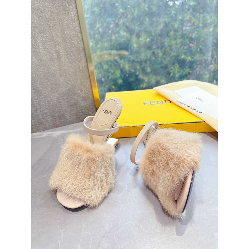 F**di beige sheepskin heeled sandals