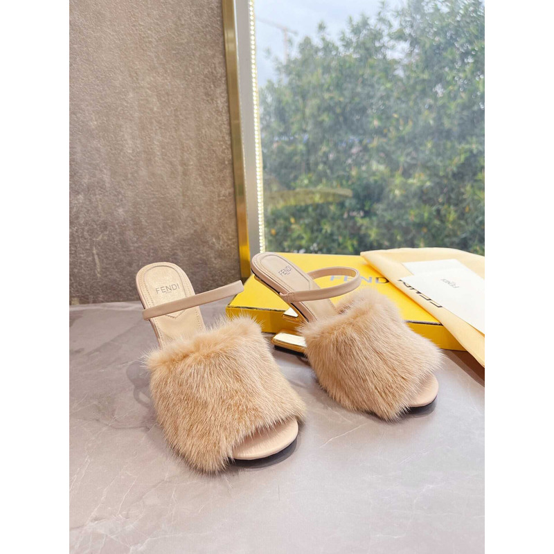 F**di beige sheepskin heeled sandals