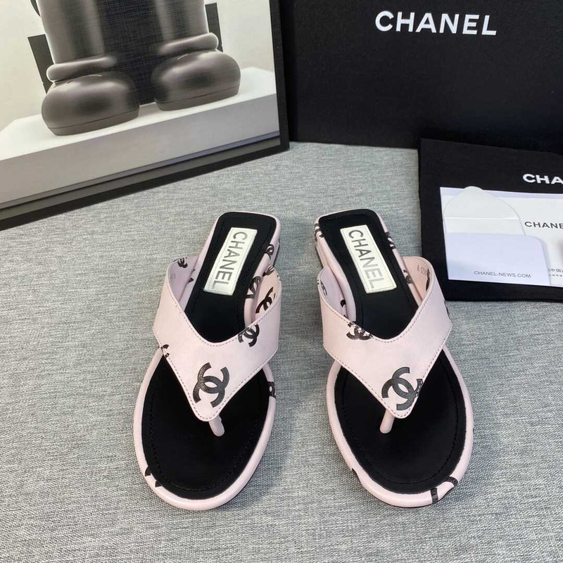 Ch*el leather flip flops sandals pink