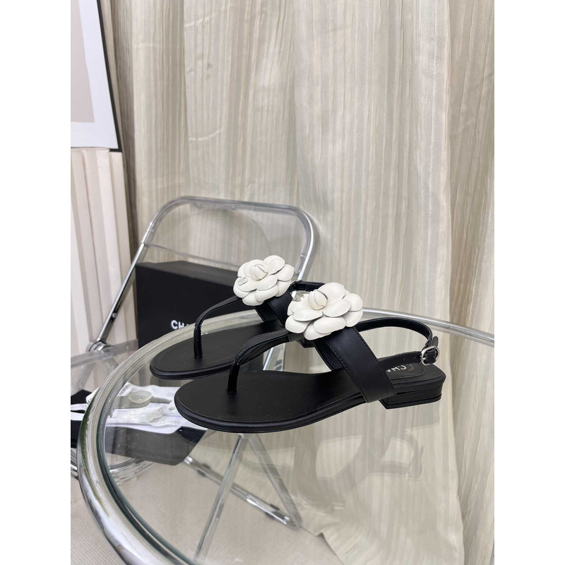 Ch*el white&cream camellia flower jelly sandals black