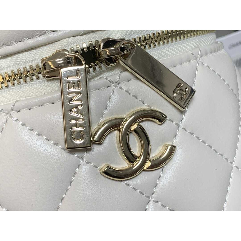 Ch*el mini top handle vanity case white shiny lambskin gold hardware