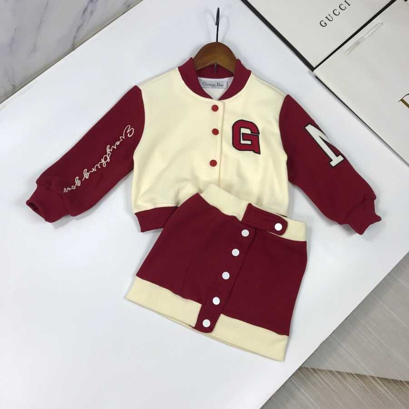 D*or kids embroidery letter jacket single breasted short skirt two piece matching set red