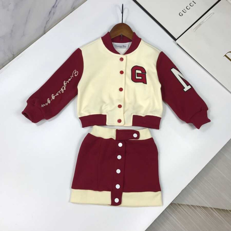 D*or kids embroidery letter jacket single breasted short skirt two piece matching set red