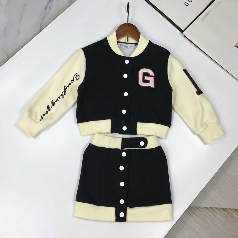 D*or kids embroidery letter jacket single breasted short skirt two piece matching set black