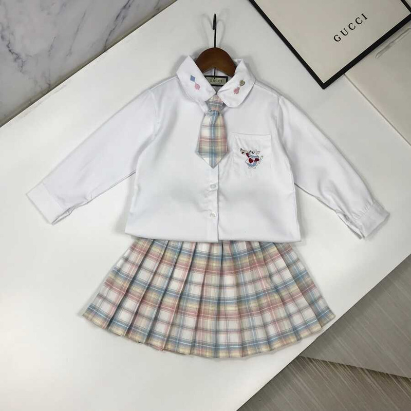 G*u*i kids plaid outfits long sleeve button down blouse shirt+pleated mini skirt set