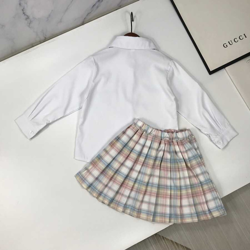 G*u*i kids plaid outfits long sleeve button down blouse shirt+pleated mini skirt set