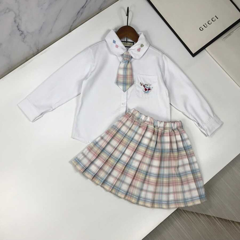 G*u*i kids plaid outfits long sleeve button down blouse shirt+pleated mini skirt set