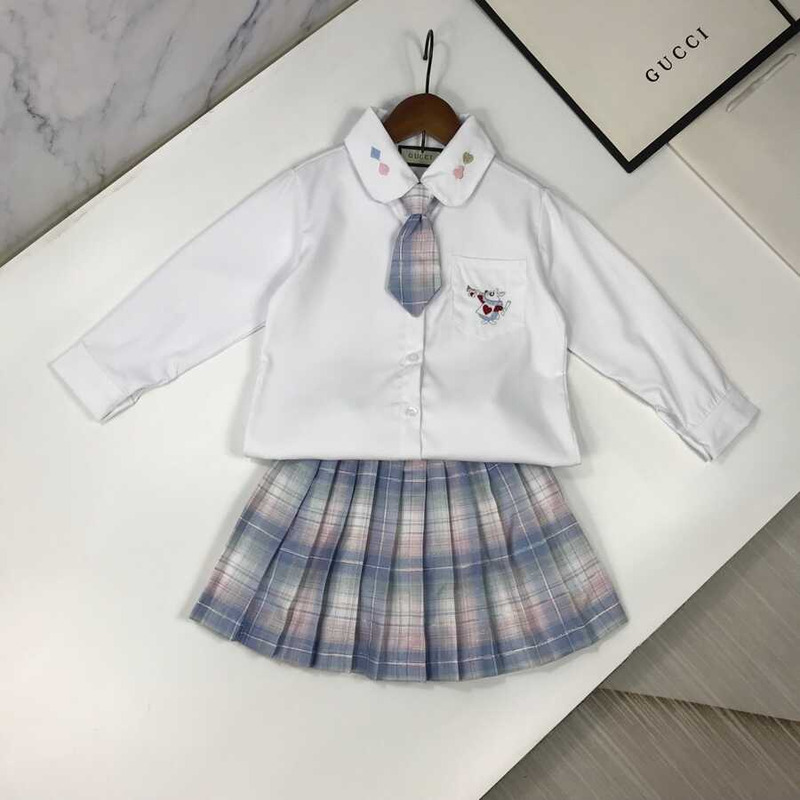 G*u*i kids plaid outfits long sleeve button down blouse shirt+pleated mini blue skirt set