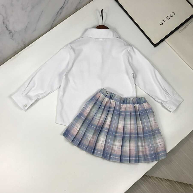 G*u*i kids plaid outfits long sleeve button down blouse shirt+pleated mini blue skirt set