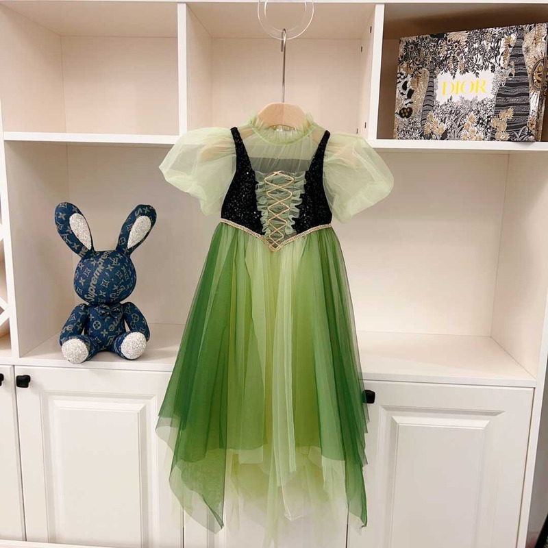 D*or kids sequin hem contrast mesh gown dress green